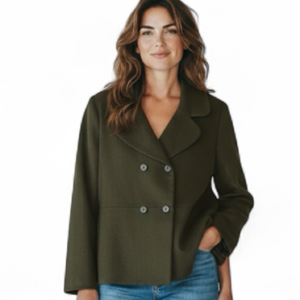 NWT Talbots Double-Breasted Olive Green Wool Blend Blazer Size 16 Petite